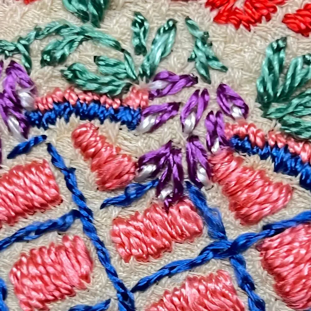 Vintage 30s Embroidered Tablecloth Baskets of Flowers Multicolor 32 inch Square